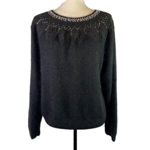 Vintage Gladys Bagley Black Silk Angora Blend Sweater Pearl Beaded Neck Size L